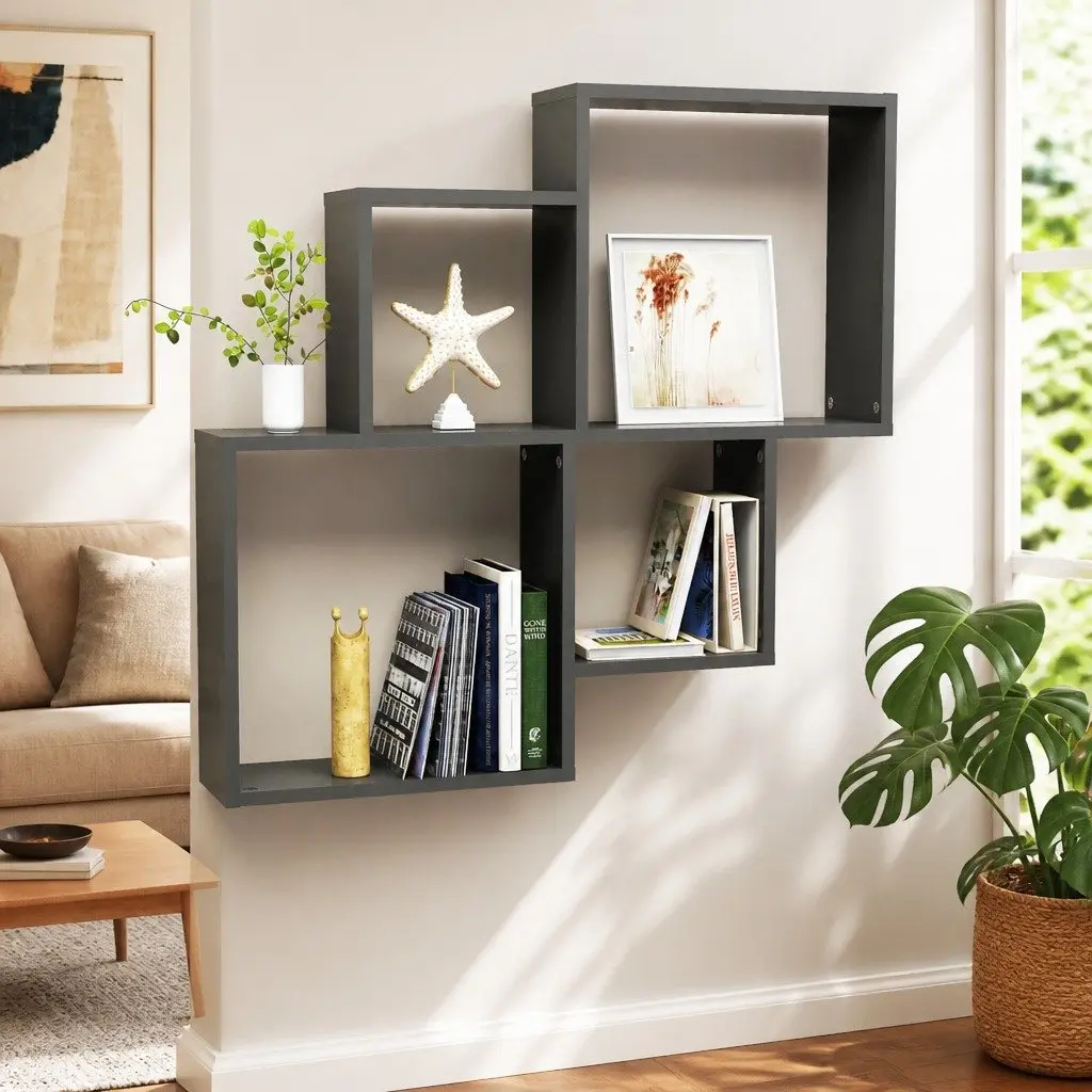 Grey Wall Cube Shelf with Open Compartments for Storage
