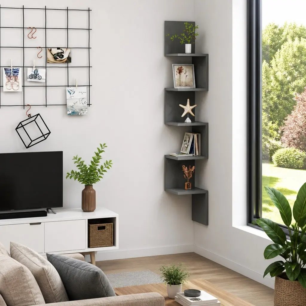 Wall Corner Shelf Grey Storage Display Shelving Unit Living Room Bedroom Kitchen