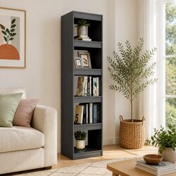 Grey Solid Pinewood Book Cabinet Room Divider with 5 Shelves