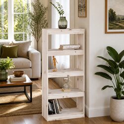 White Solid Pine Book Cabinet Room Divider with 4 Compartments