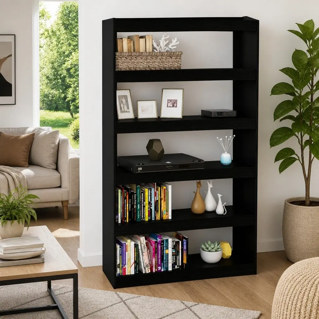 Black Solid Pinewood Book Cabinet and Room Divider