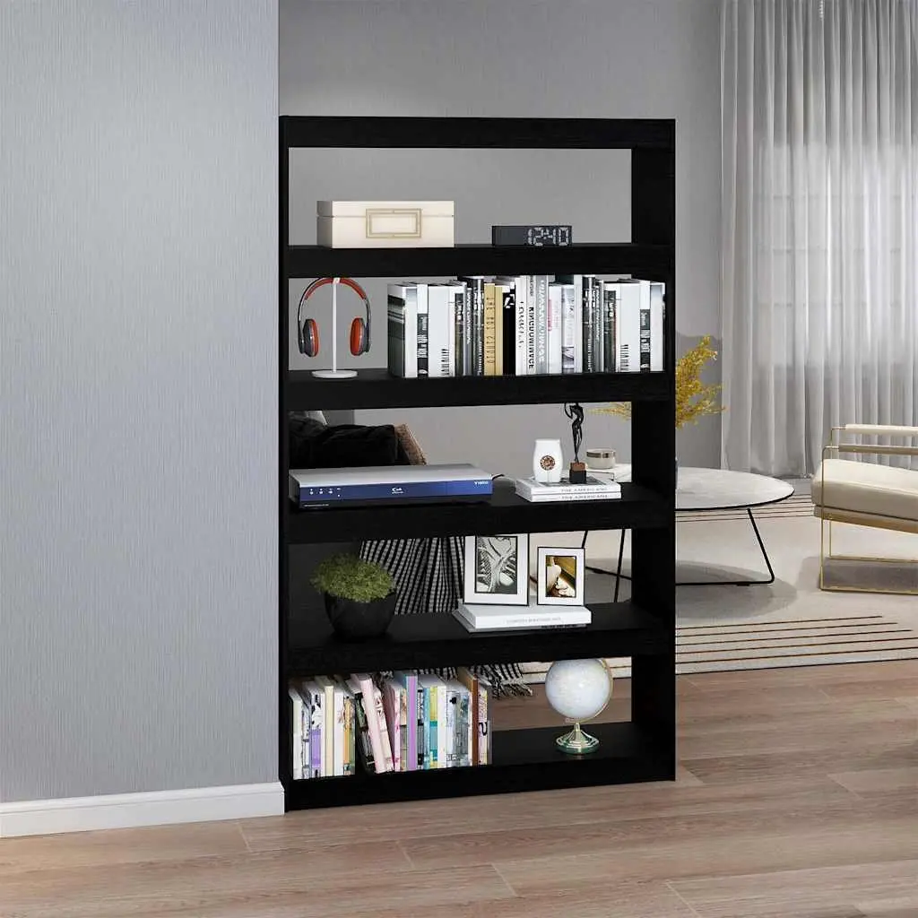 Black Solid Pinewood Book Cabinet and Room Divider