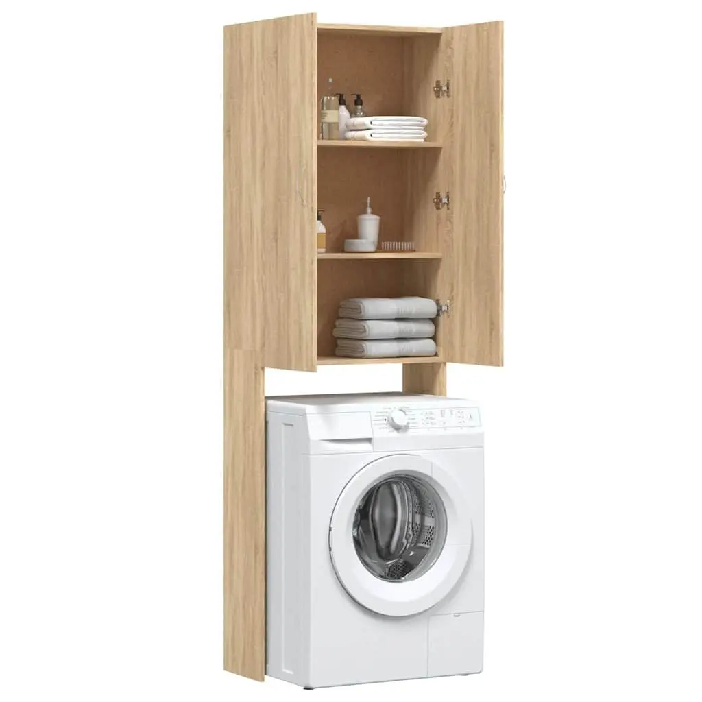 Washing Machine Cabinet Sonoma Oak 64 x 25.5 x 190 cm 2 Doors 3 Compartments