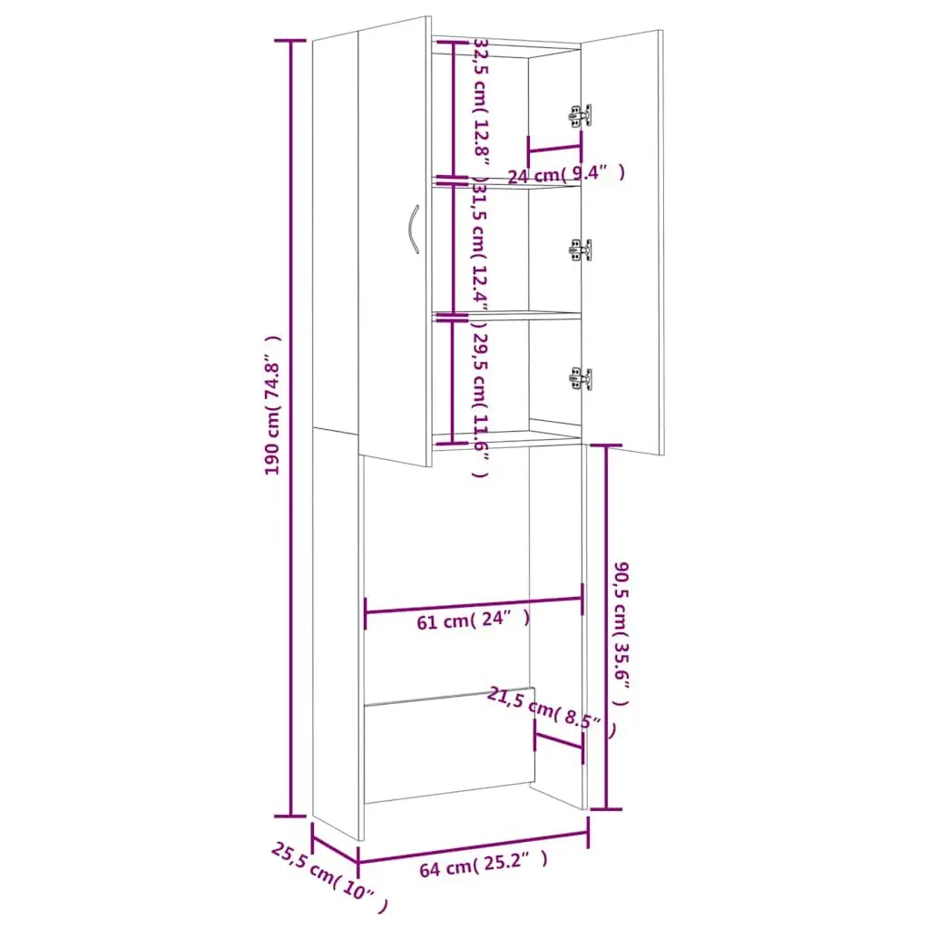 Washing Machine Cabinet Sonoma Oak 64 x 25.5 x 190 cm 2 Doors 3 Compartments