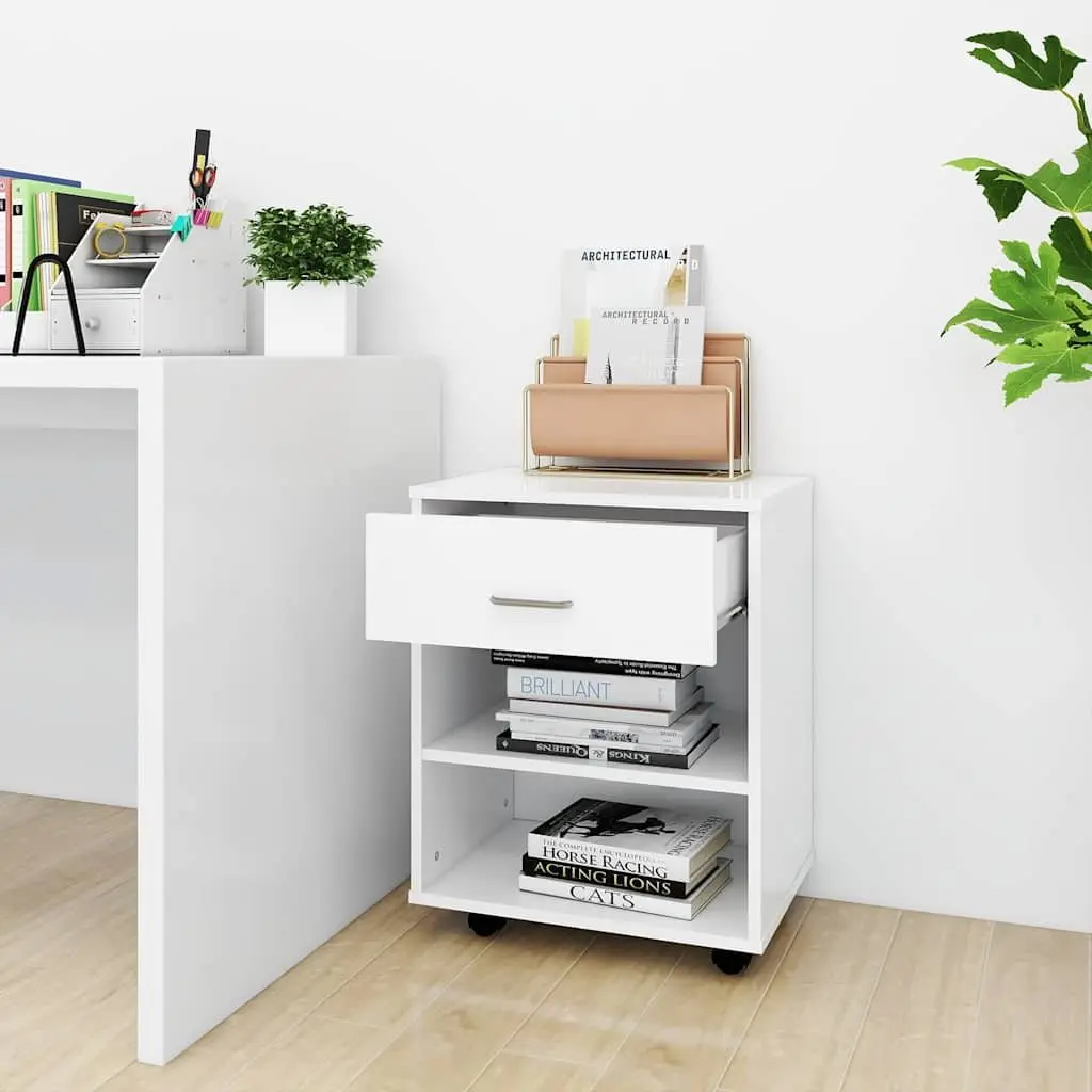 Storage Cabinet with Lockable Castors White Engineered Wood Rolling Organizer
