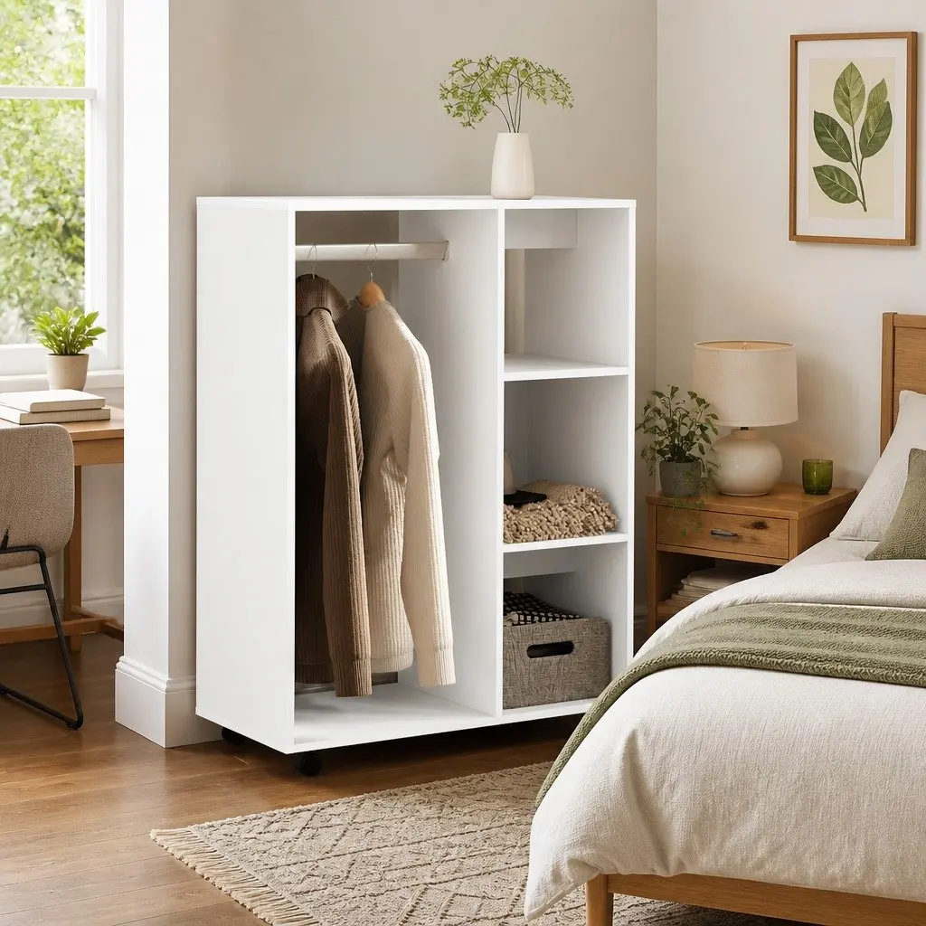 White Wardrobe Cabinet with Mobile Wheels