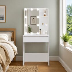 White Dressing Table with LED Mirror Lights Makeup Vanity Desk Bedroom Storage
