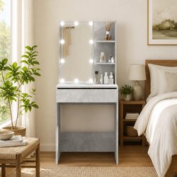 LED Mirror Dressing Table with Grey Finish and Storage