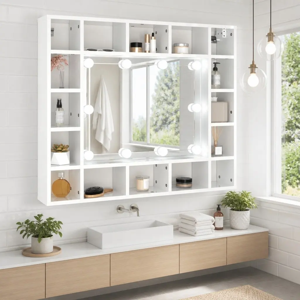 Bathroom Cabinet Engineered Wood 91x15x76.5cm White LED Wall-Mounted