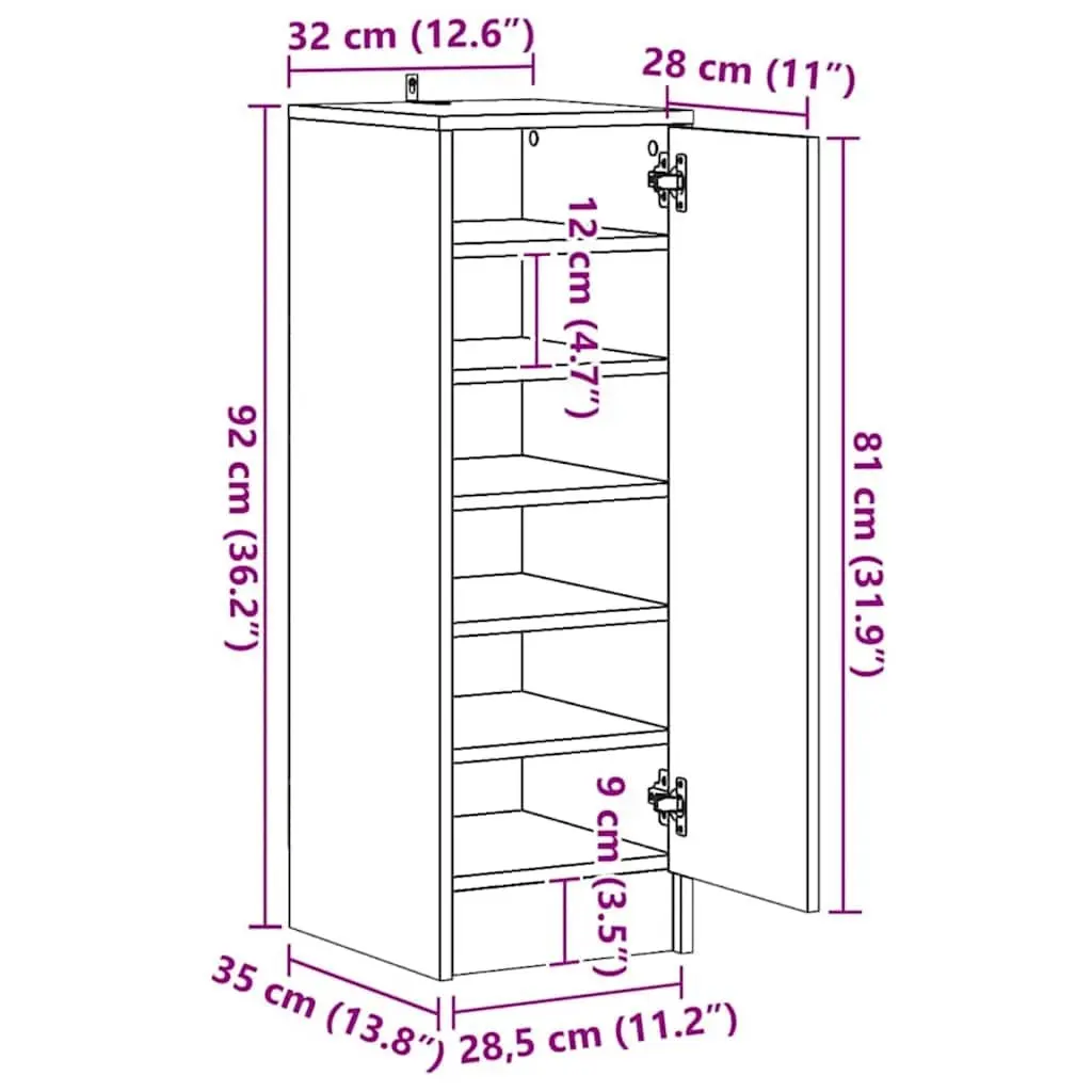 Shoe Cabinet Engineered Wood 32W x 35D x 92H cm White 6 Shelves