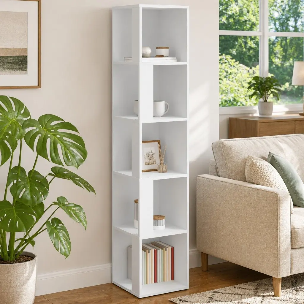White Corner Storage Cabinet with 5 Compartments