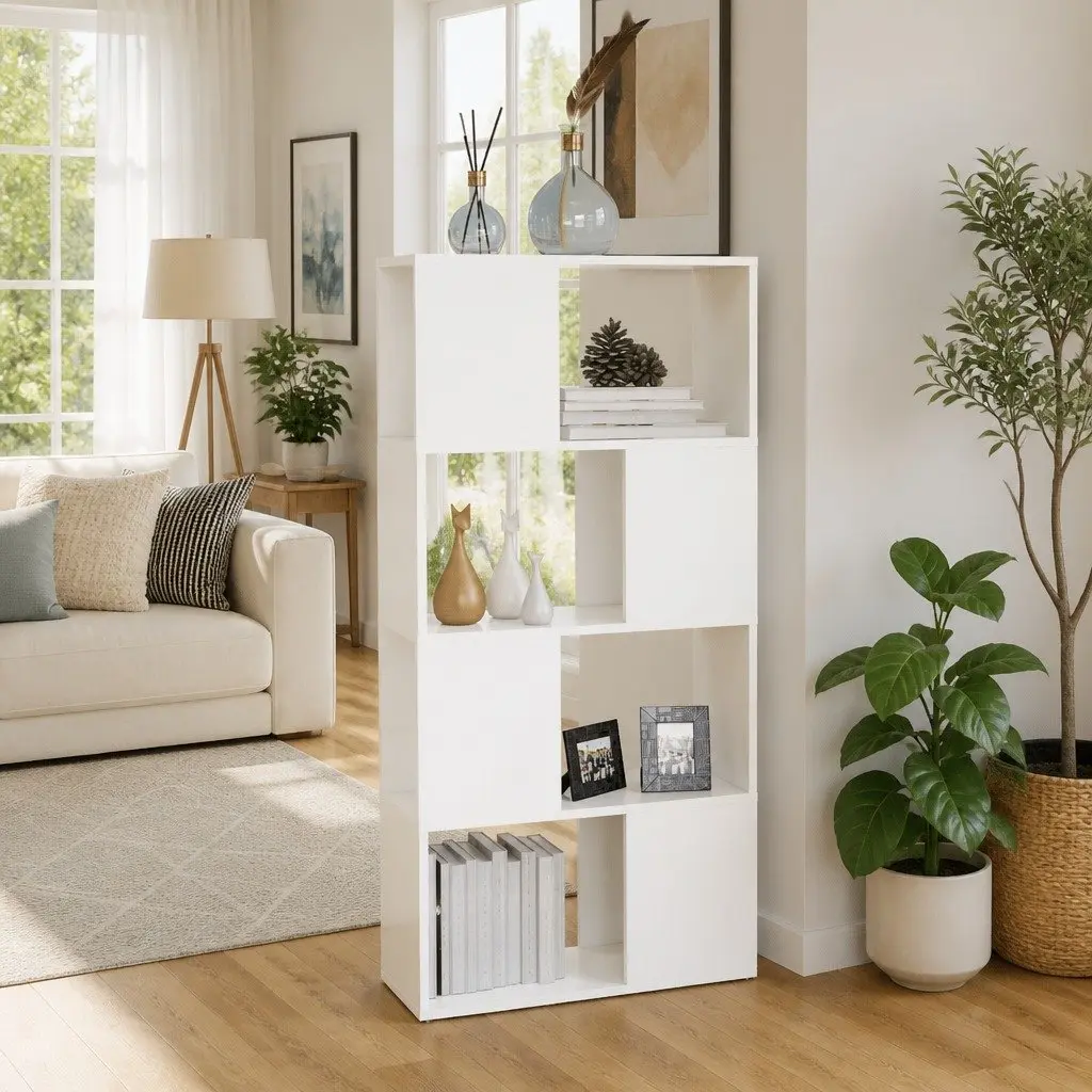 White Book Cabinet Room Divider with 4 Compartments