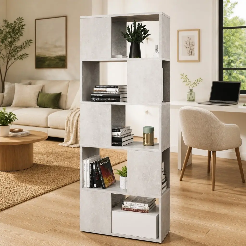 Book Cabinet Engineered Wood 60W x 24D x 155H cm Grey Shelving Unit Open Storage Organiser Bookcase