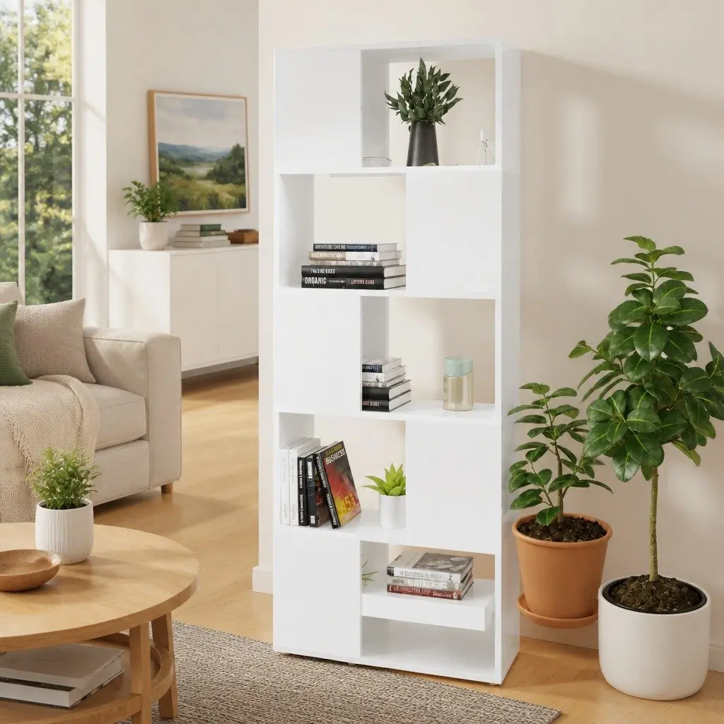 High Gloss White Book Cabinet Room Divider with Ample Storage