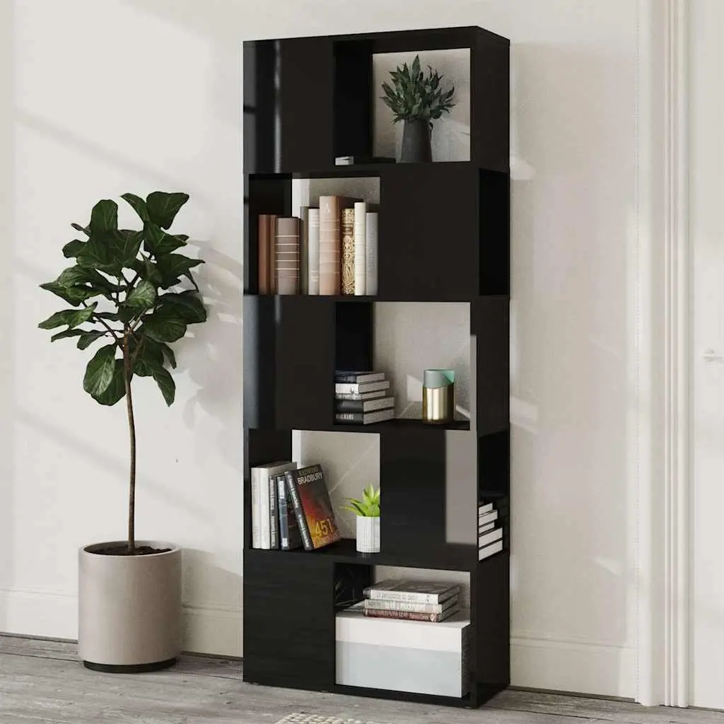Book Cabinet Engineered Wood 60x24x155cm High Gloss Black Room Divider Shelving Unit