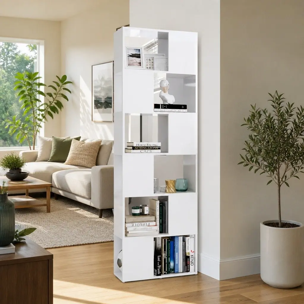 White High Gloss Book Cabinet with 6 Spacious Shelves