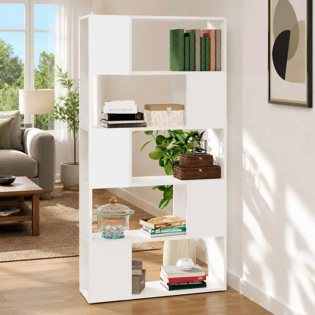 White Book Cabinet Room Divider with 5 Compartments