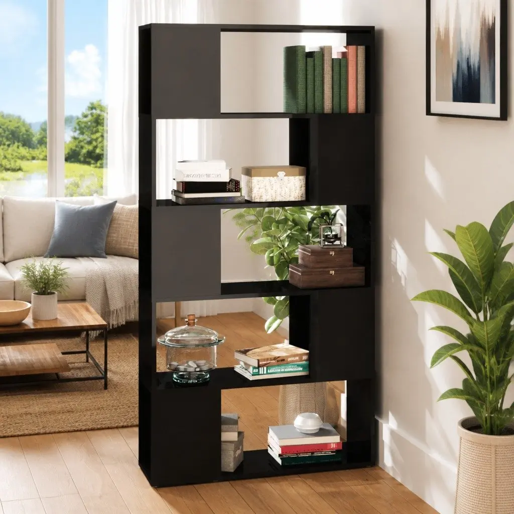 Black High Gloss Book Cabinet with 5 Compartments