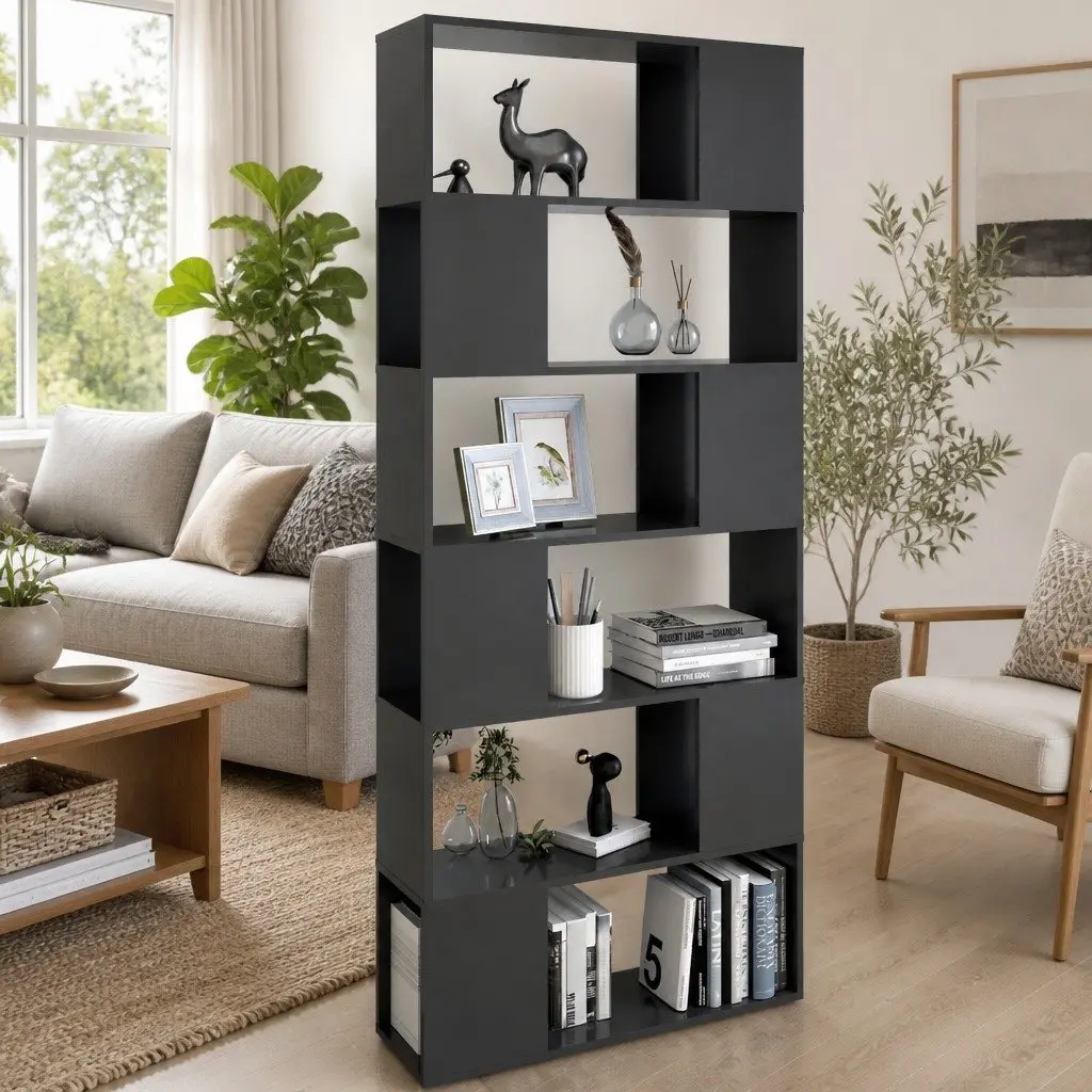 Book Cabinet Engineered Wood Grey 80x24x186cm Room Divider Storage Shelf Compartments