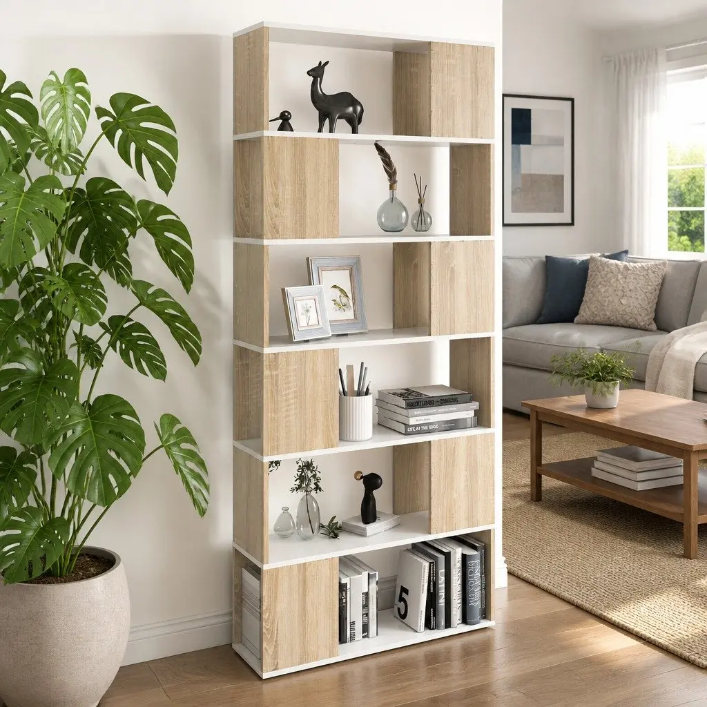 Beige Book Cabinet Room Divider with 6 Compartments