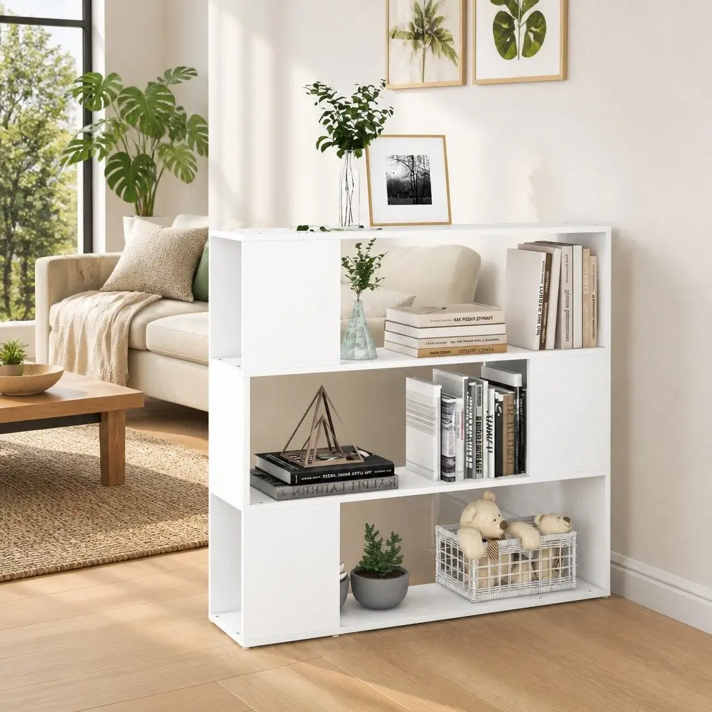 White Room Divider Bookshelf with 3 Compartments