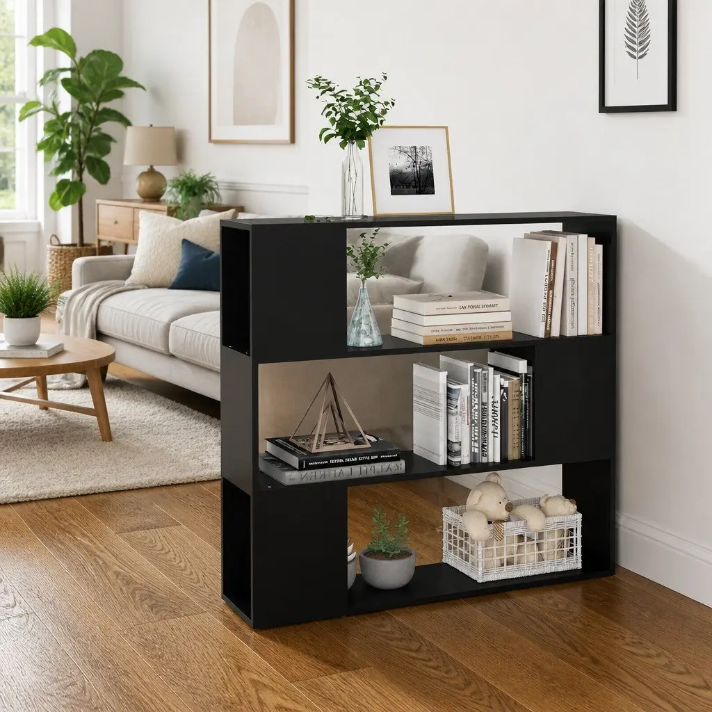 Black Bookcase Organizer with Room Dividing Functionality