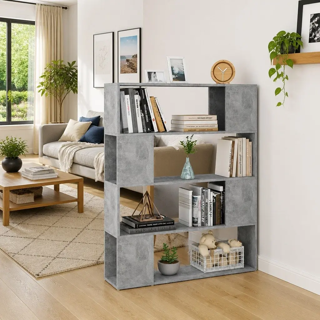 Grey Book Cabinet Room Divider with 4 Compartments