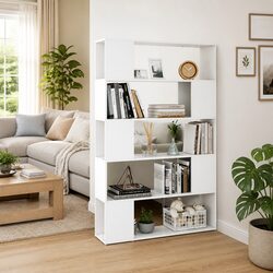 Durable White Book Cabinet Room Divider with 5 Compartments