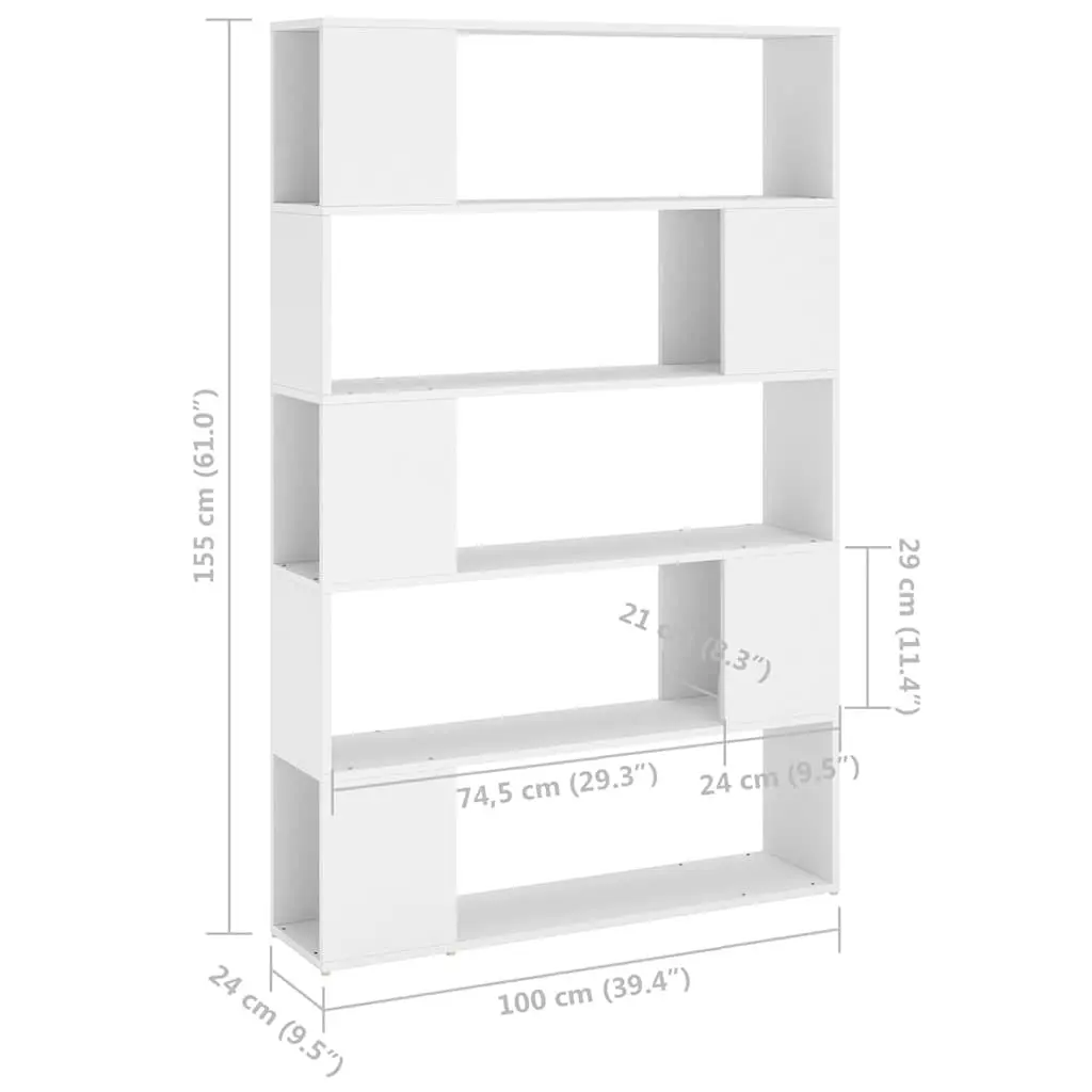 Bookcase Engineered Wood 100 x 24 x 155 cm White 5 Compartments Storage Shelf