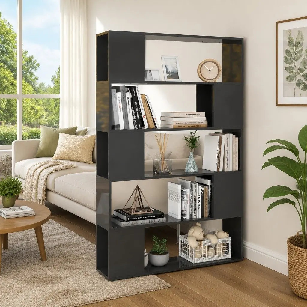 Grey Shelving Unit Book Cabinet with 5 Compartments