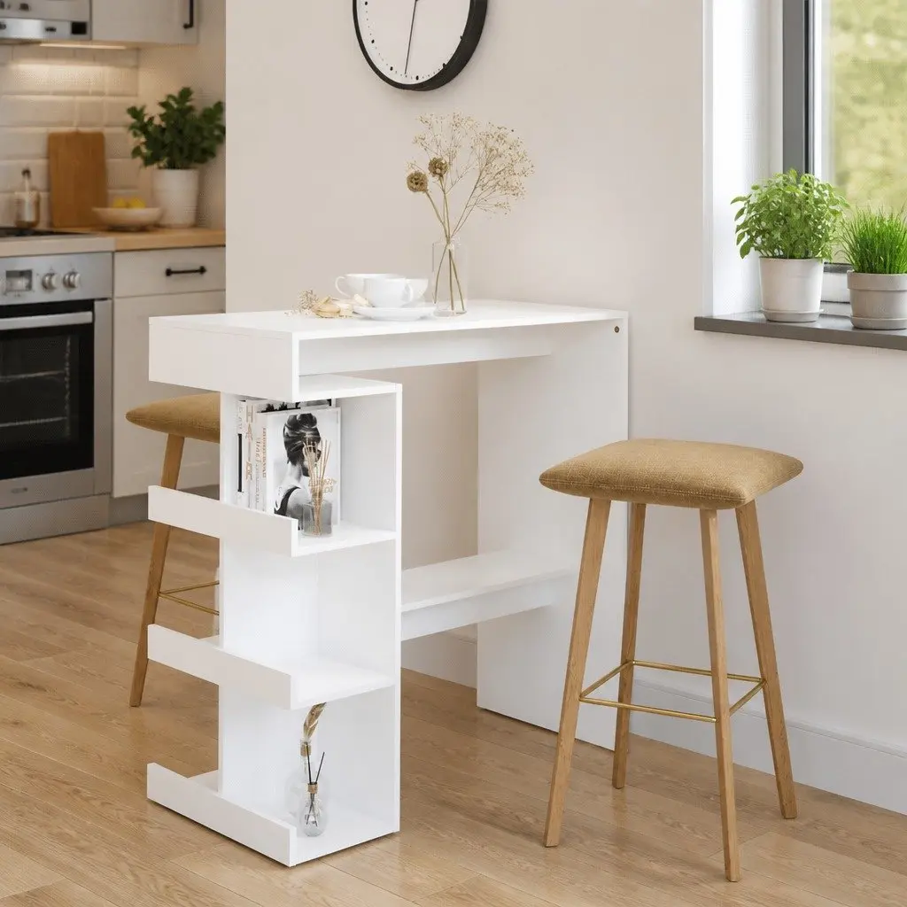 Bar Table with Storage Racks White Kitchen Dining Bistro Pub Space-Saving