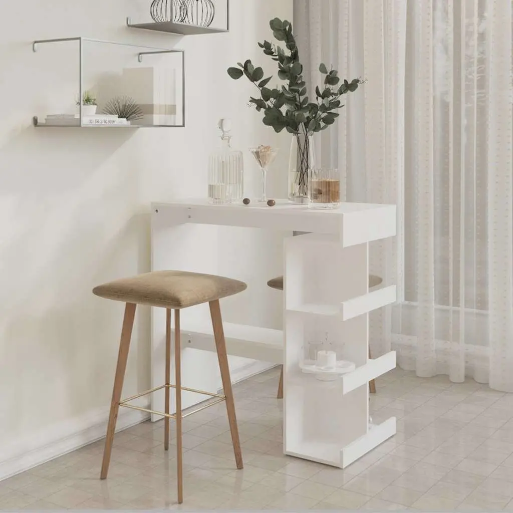 Bar Table with Storage Racks White Kitchen Dining Bistro Pub Space-Saving