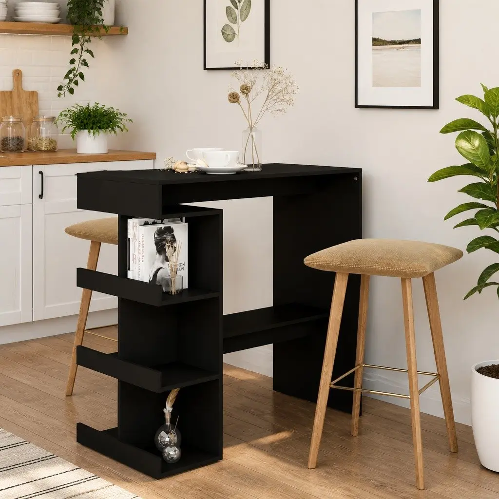 Black Bar Table with Integrated Storage Racks