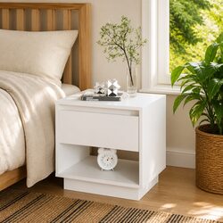 Bedside Cabinet White Engineered Wood Nightstand Storage Drawer Open Compartment