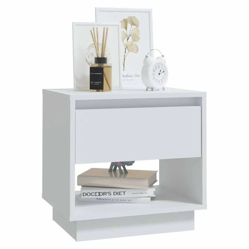 White Engineered Wood Bedside Cabinet with Drawer