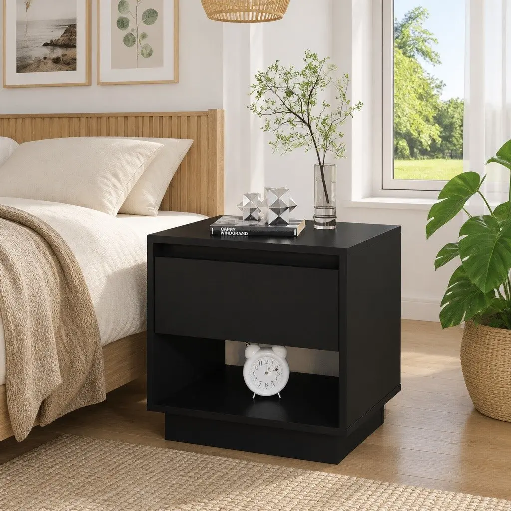Black Nightstand with Drawer and Open Storage Compartment