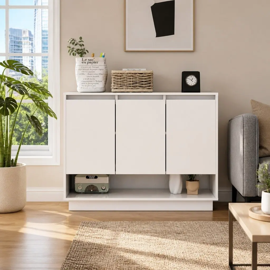 High Gloss White Sideboard with 3 Doors and Open Storage