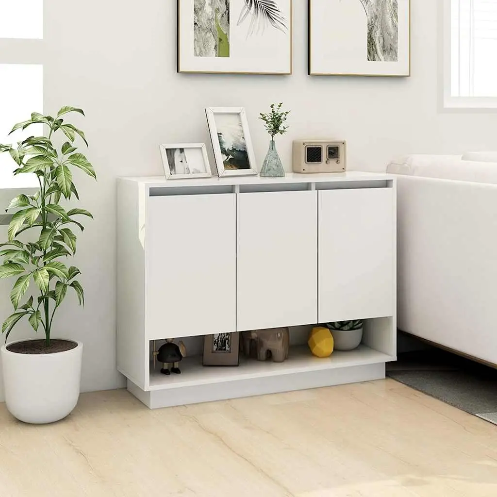 High Gloss White Sideboard with 3 Doors and Open Storage
