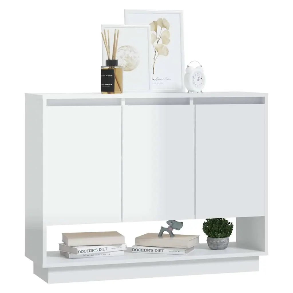 High Gloss White Sideboard with 3 Doors and Open Storage