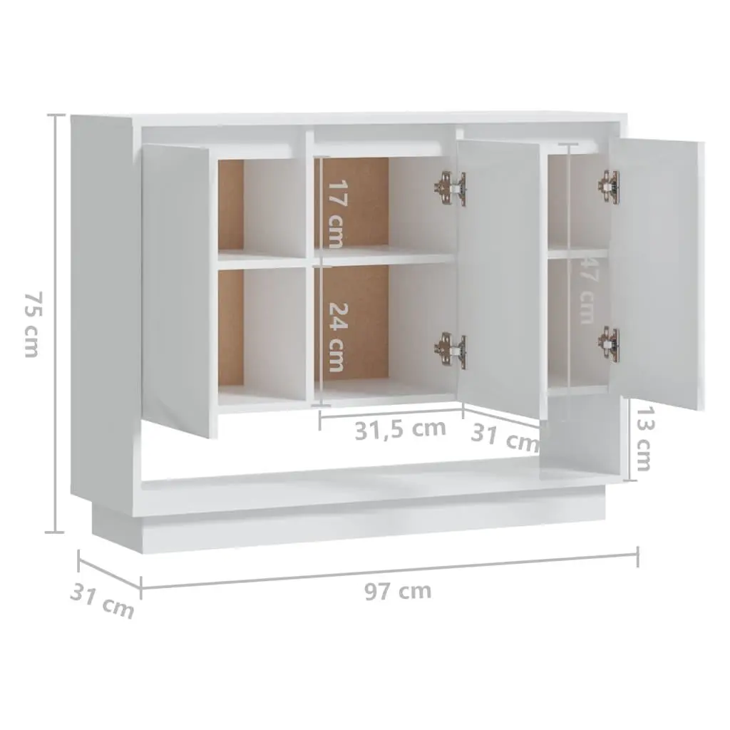 High Gloss White Sideboard with 3 Doors and Open Storage