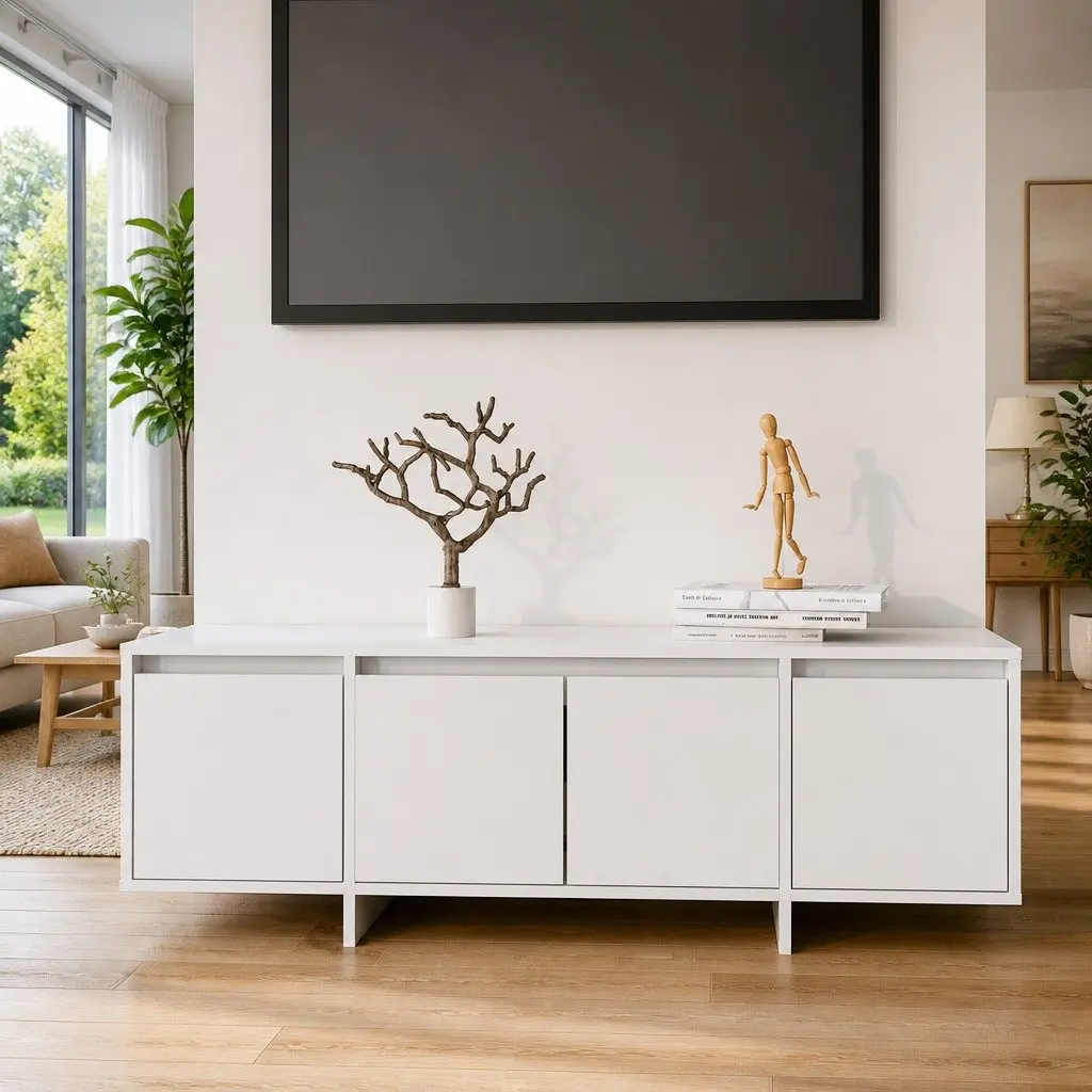 TV Cabinet Engineered Wood 120cm White 4 Door Storage Unit Living Room Lowboard Furniture