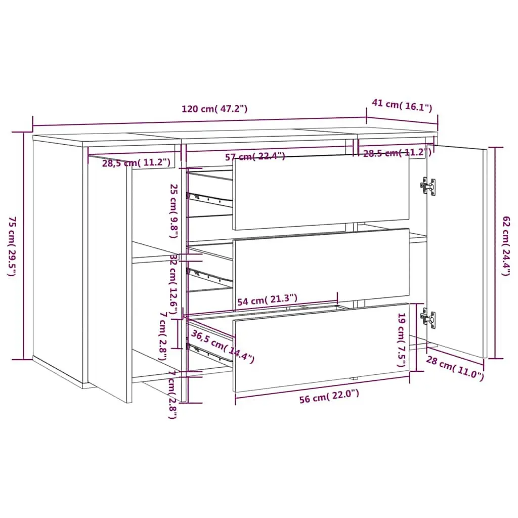 Grey Sideboard Cabinet with 3 Drawers & 2 Doors