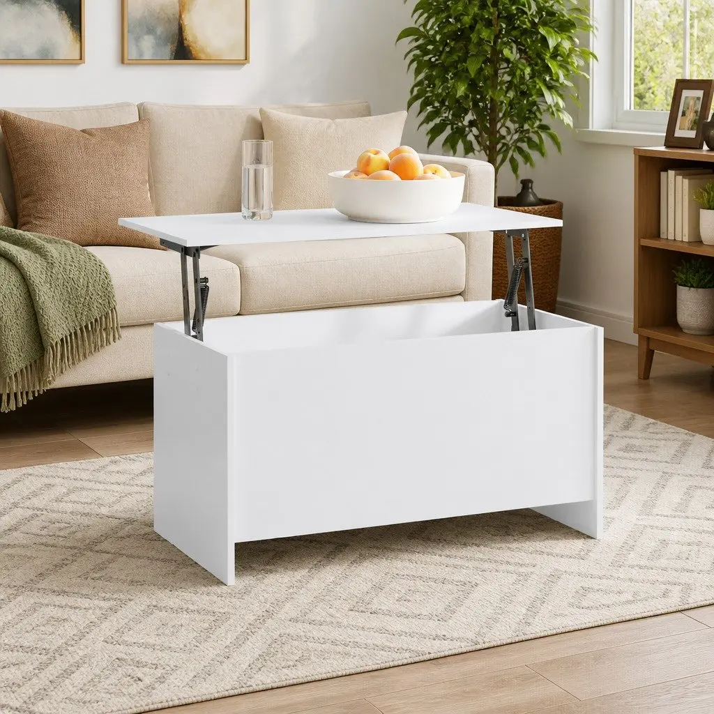 Coffee Table Engineered Wood 102x55.5cm White Lift Top Storage Compartment
