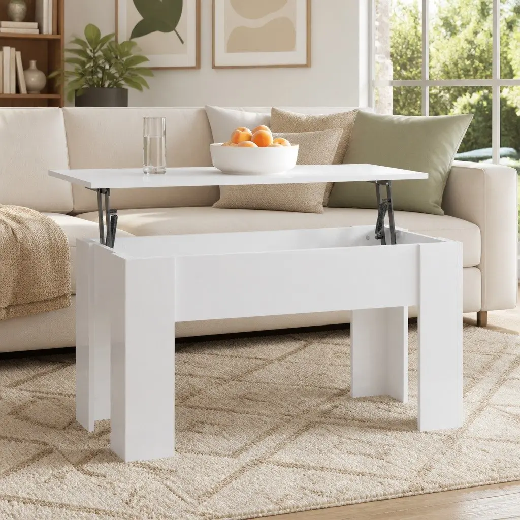 Lift Top Coffee Table Engineered Wood 101L x 49W x 52H cm High Gloss White