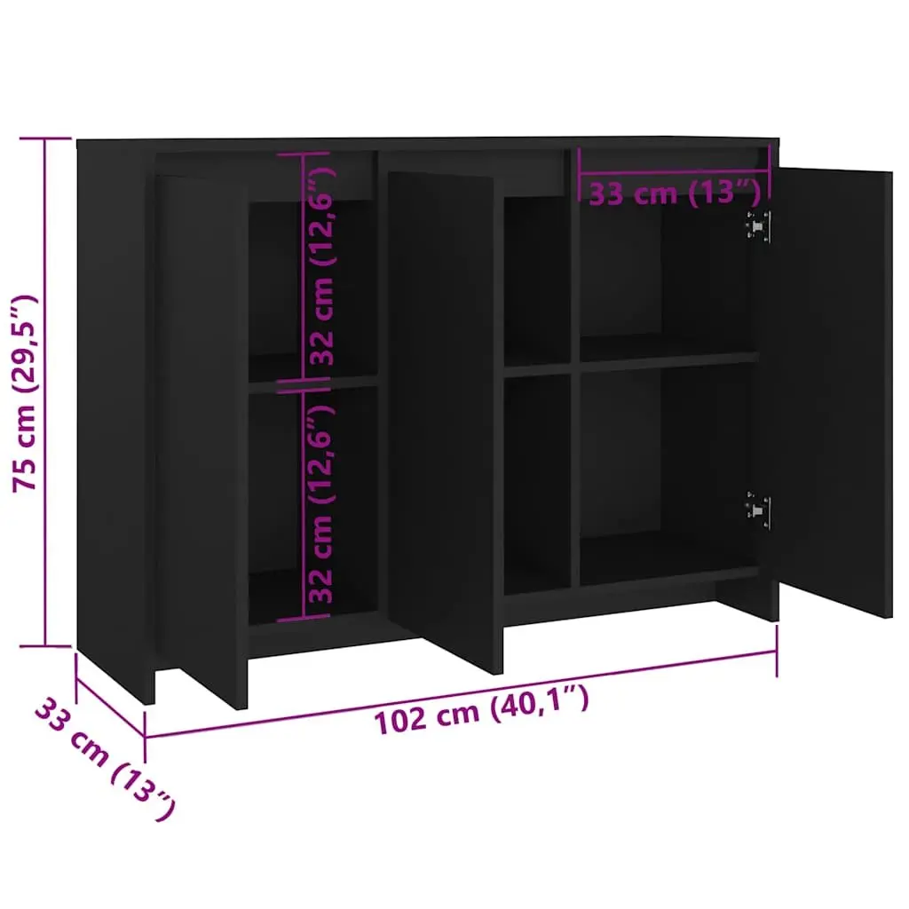 Sideboard Storage Cabinet Engineered Wood 102cm x 33cm x 75cm Black