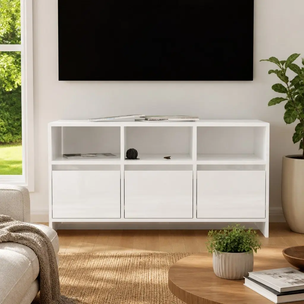 TV Cabinet Engineered Wood 102cm White High Gloss Living Room Storage Unit with Drawers