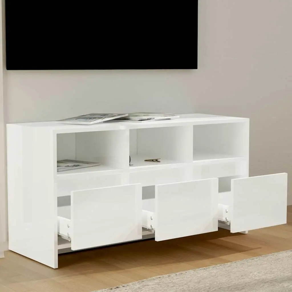 TV Cabinet Engineered Wood 102cm White High Gloss Living Room Storage Unit with Drawers