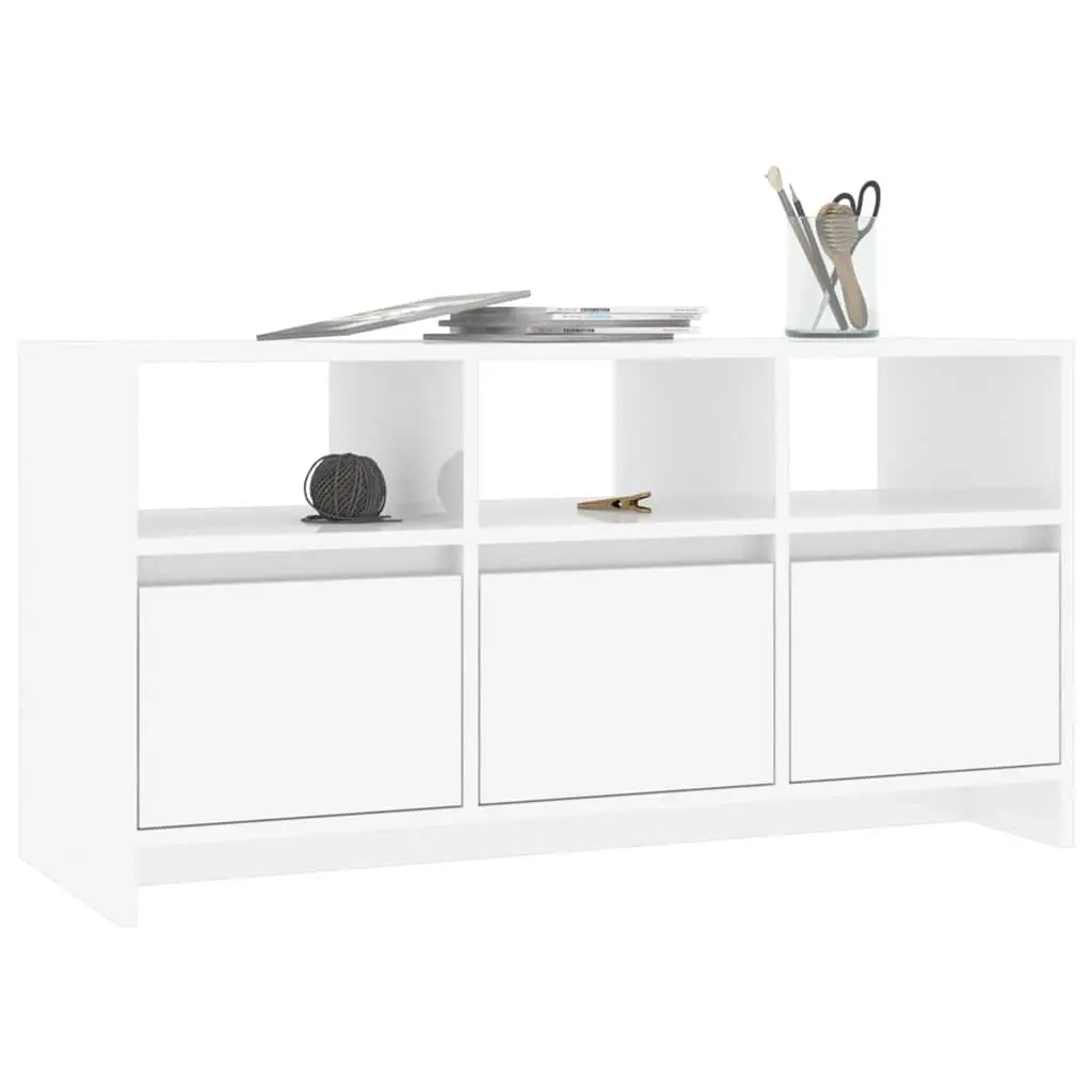 TV Cabinet Engineered Wood 102cm White High Gloss Living Room Storage Unit with Drawers
