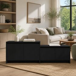 Sturdy Black TV Cabinet with 4 Doors for Living Rooms