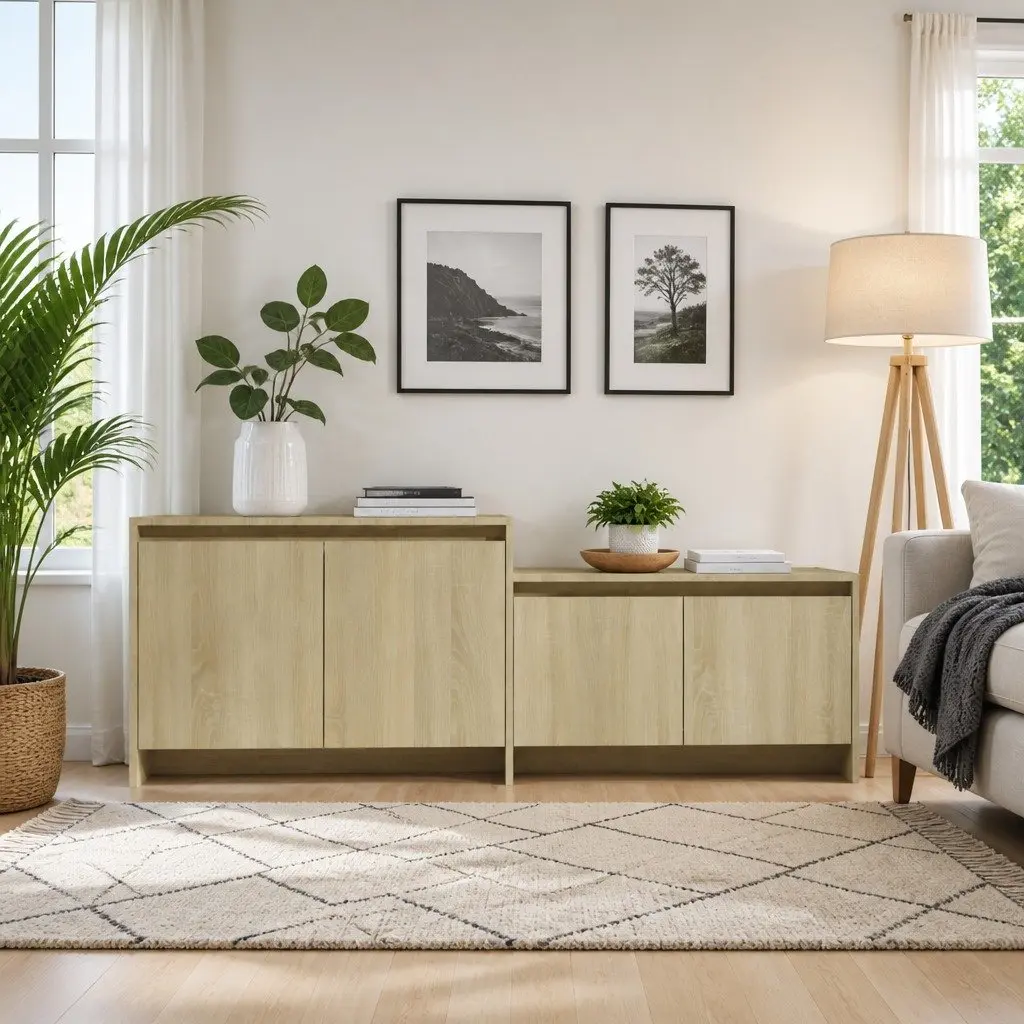 TV Cabinet Engineered Wood 1465 x 350 x 500 mm Beige 4 Doors Lowboard Living Room Media Storage Unit